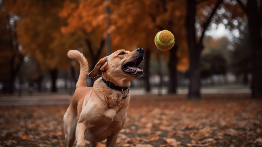 Dog catching ball at dog park