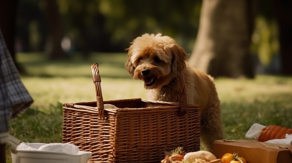 Dog peaking into a picnic basket