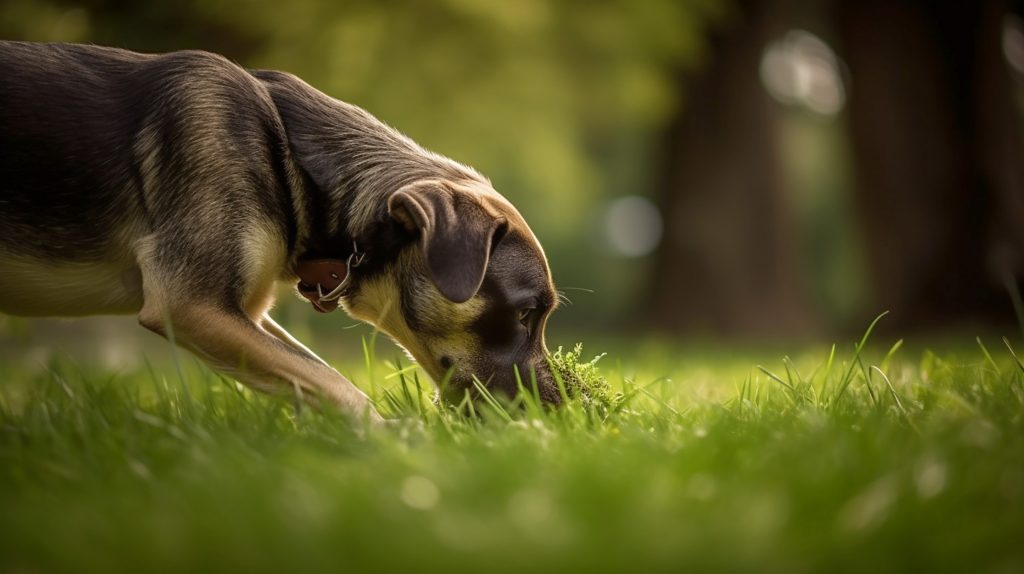 Dog sniffing grass in dog park