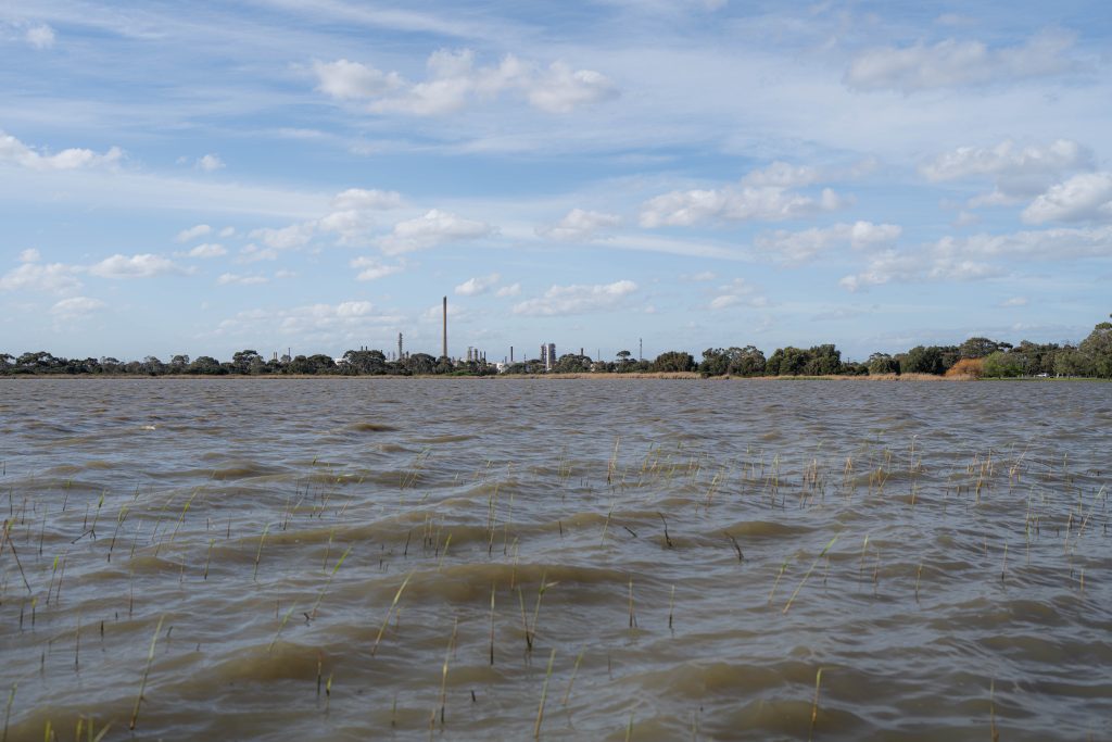 Lake view with refineries at Cherry Lake Altona