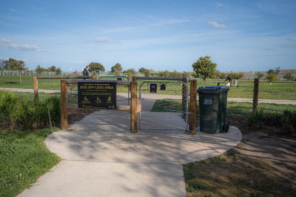Double gated entry at P A Burns Reserve Fenced Dog Park in Altona