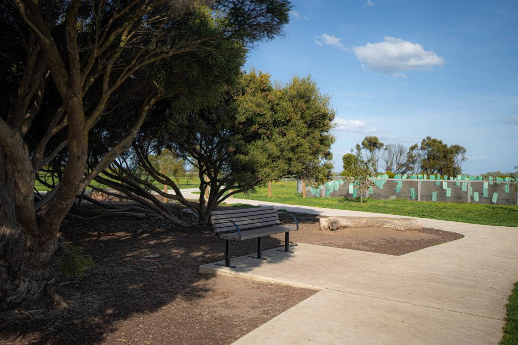 Shaded seating at P A Burns Reserve Fenced Dog Park in Altona