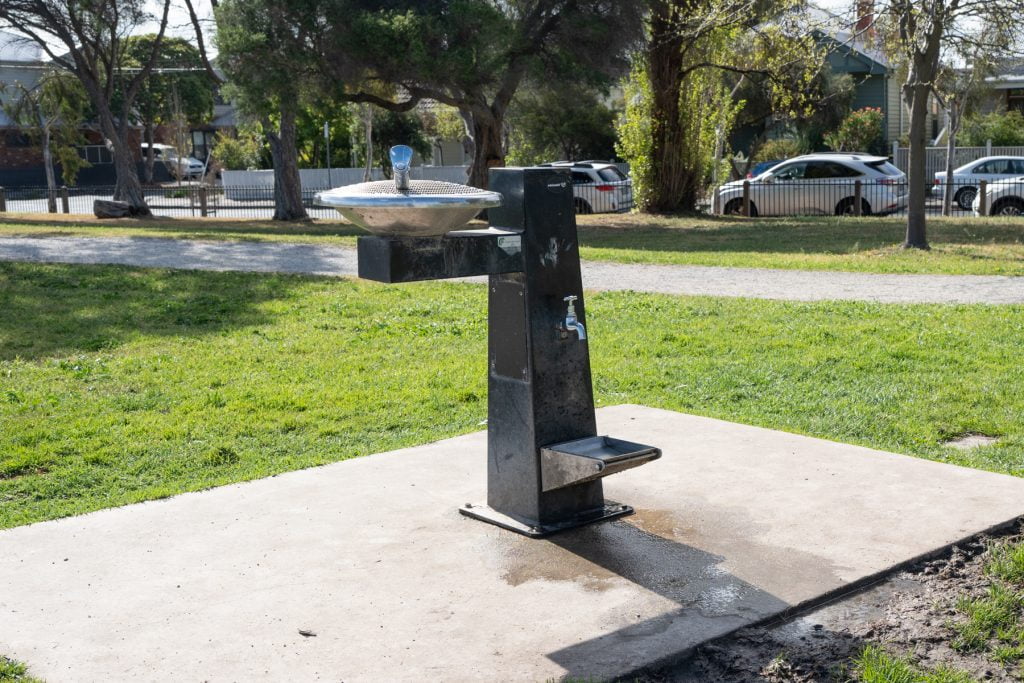 dog water fountain at at A G Gillon Oval off leash park in Brunswick