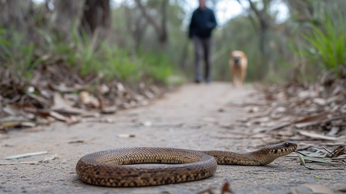 dog approaching brown snake on walking trail