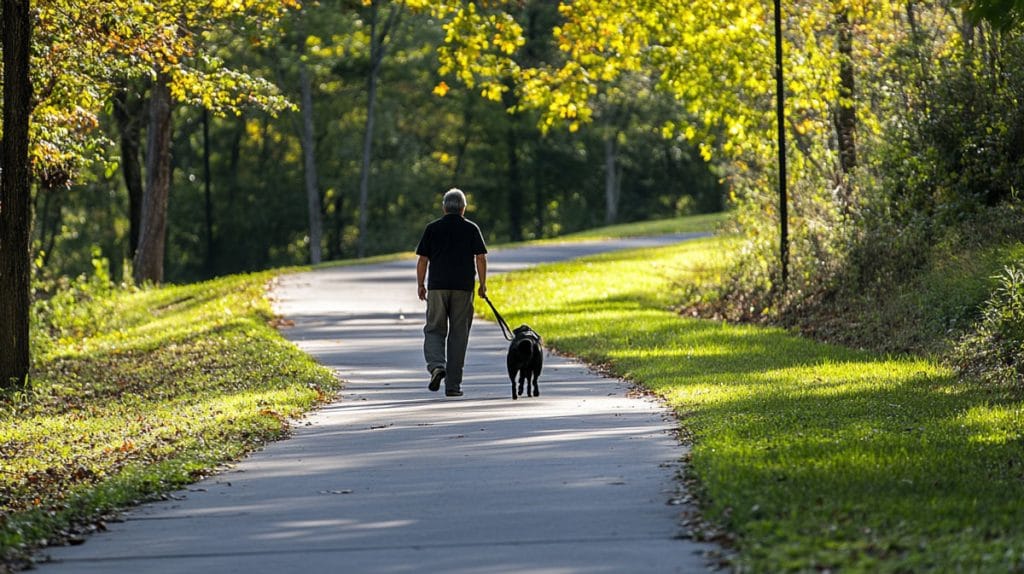 Owner walking dog on path