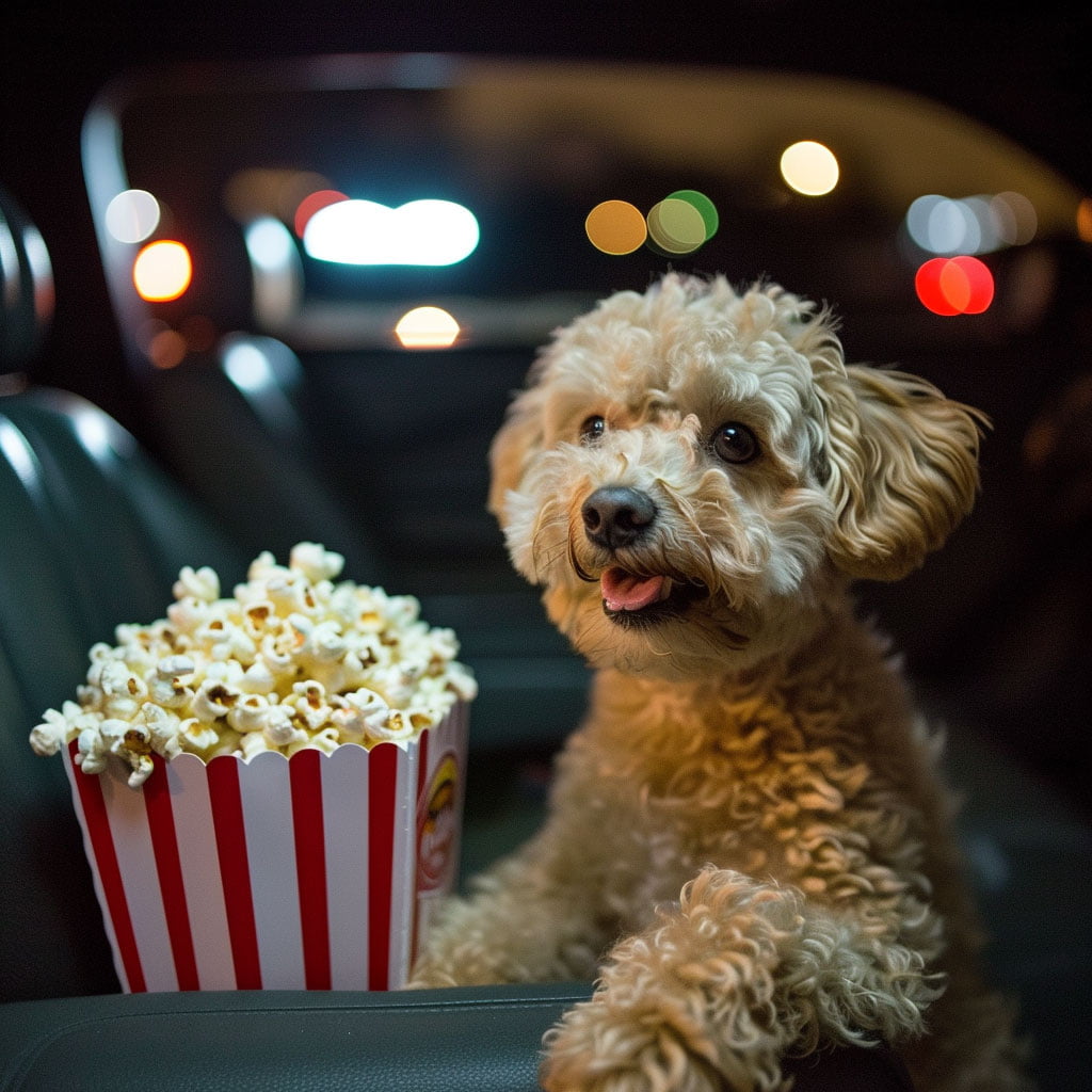 Dog enjoying popcorn at Coburg drive-in dog-friendly cinema in Melbourne.
