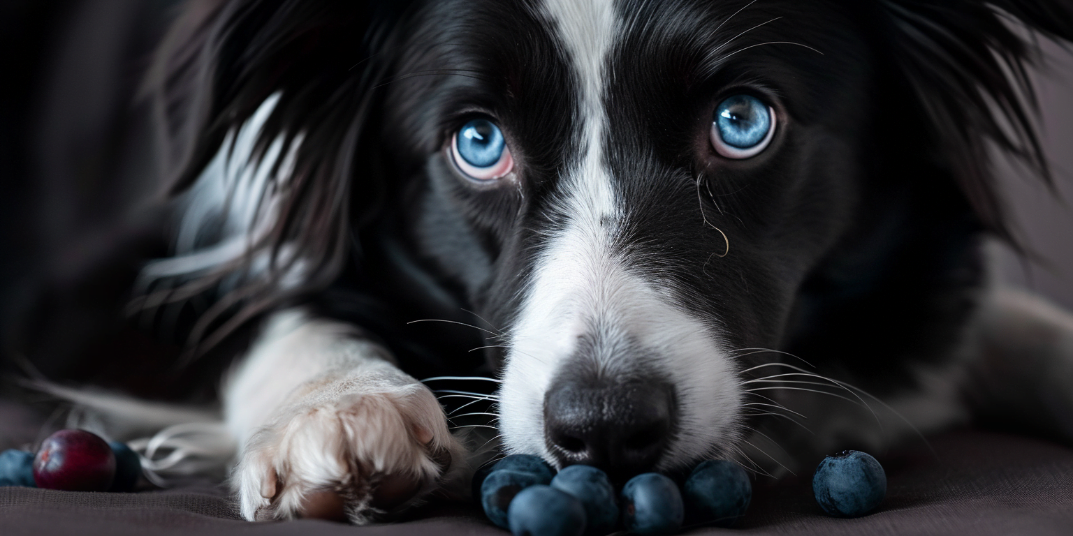 Dog eating blueberries