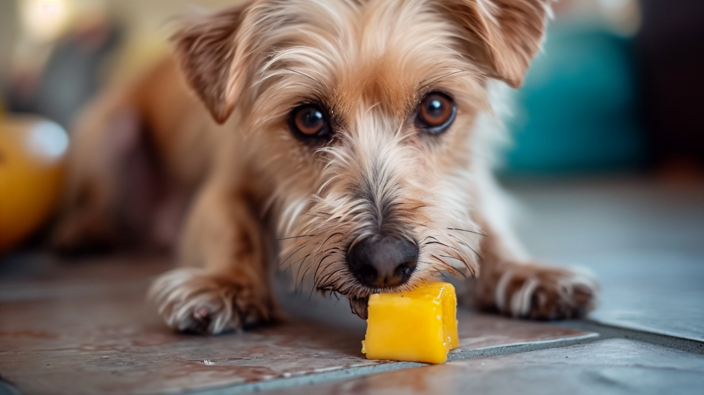 Dog eating mango.
