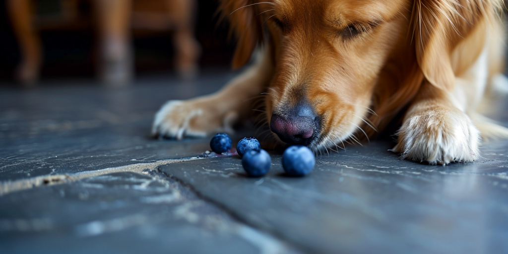 Dog loving to eat blueberries