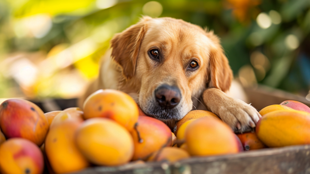 Labrador dog sitting with mangoes