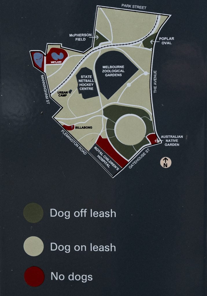Map of the dog off-leash areas in Royal Park in Parkville