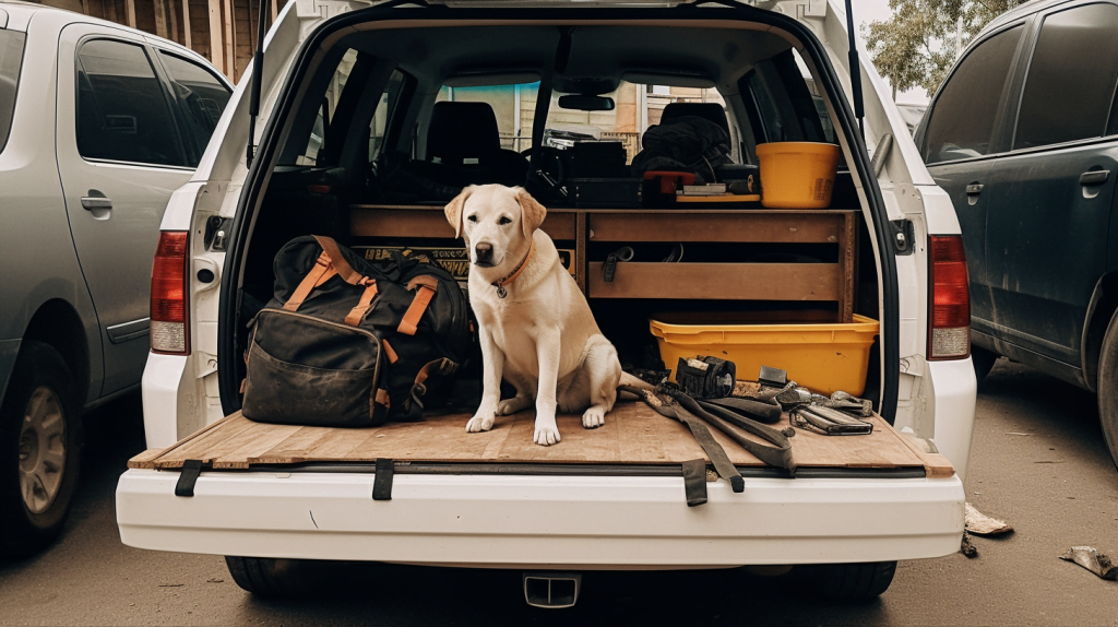 Tradie dog in the back of car
