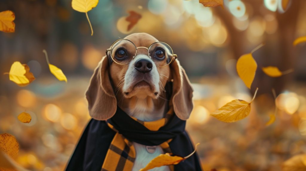 Beagle dressed as Happy Potter character. Harry Pawter dog name.