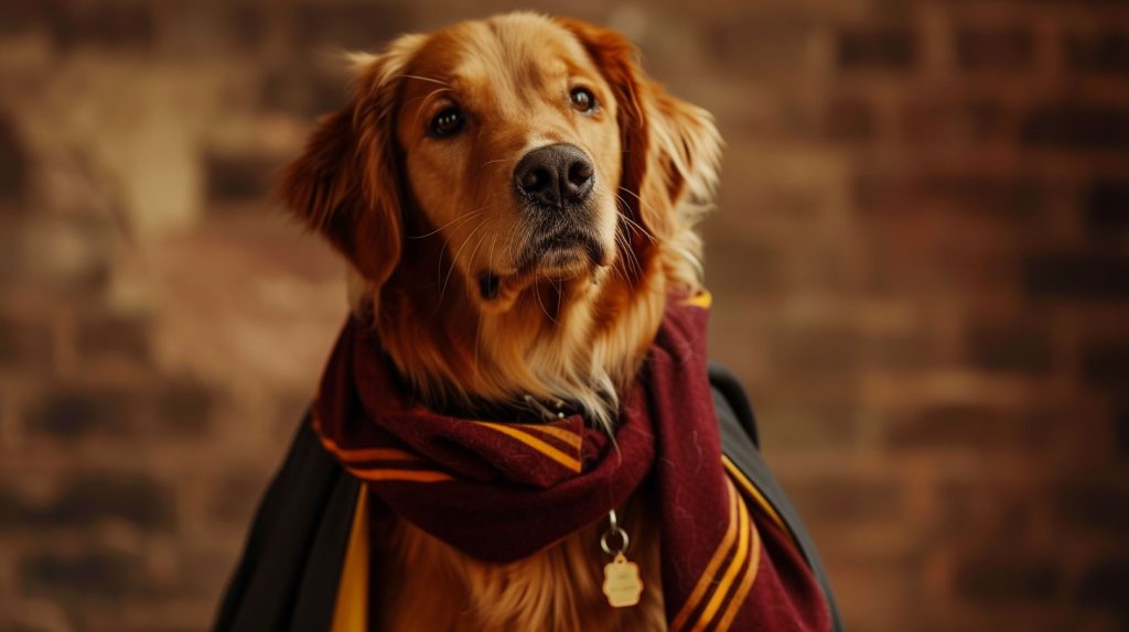 Golden Retriever as Happy Potter character. Hermione Growler dog name.