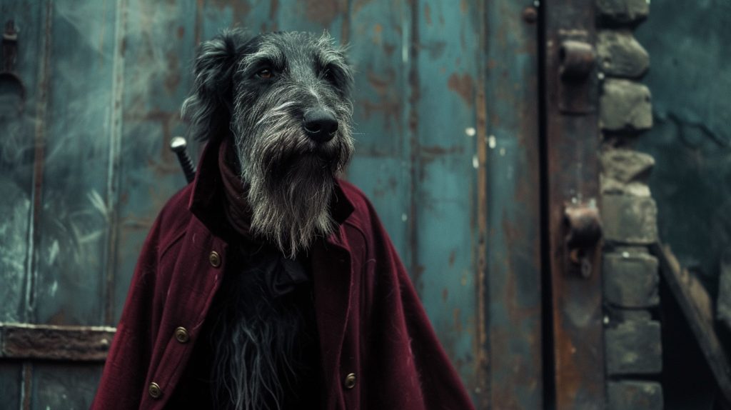Irish Wolfhound dressed as Happy Potter character Sirius Black.