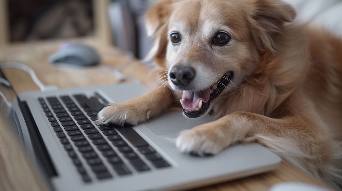 dog on laptop shopping for deals