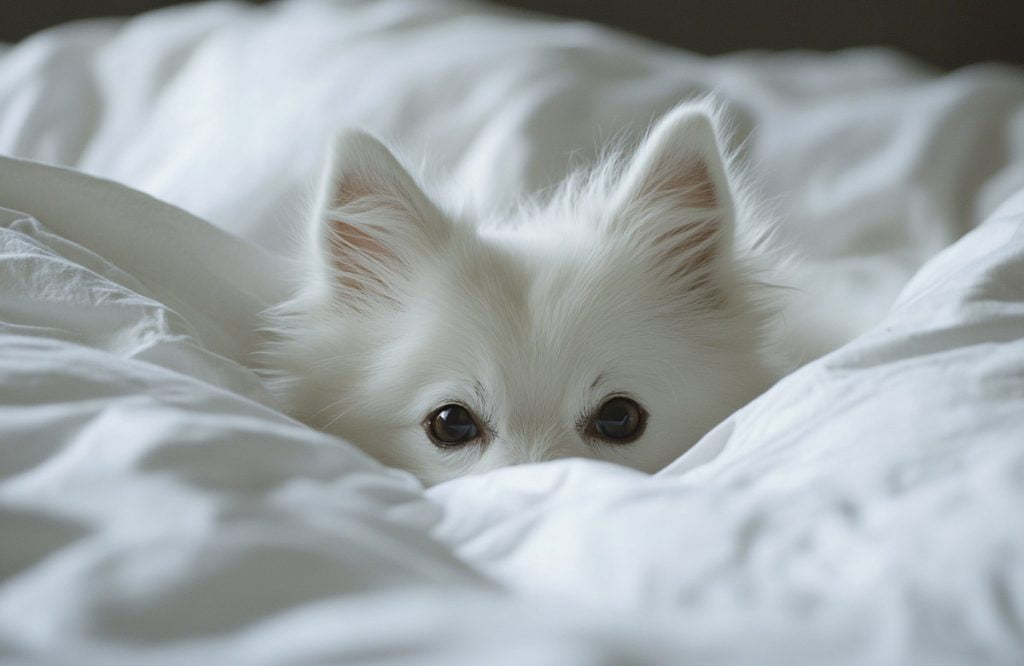 Japanese Spitz peaking in covers