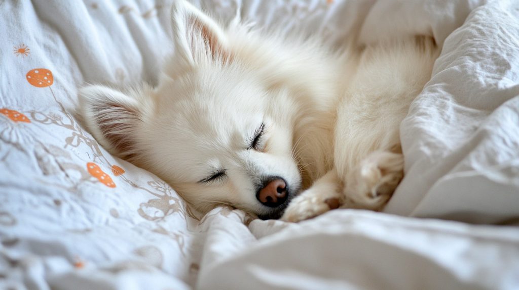 Japanese Spitz Sleeping in bed