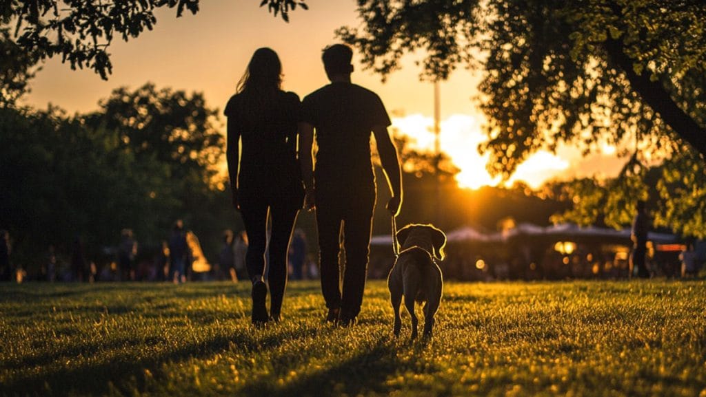 Couple visiting dog-friendly night market in Melbourne