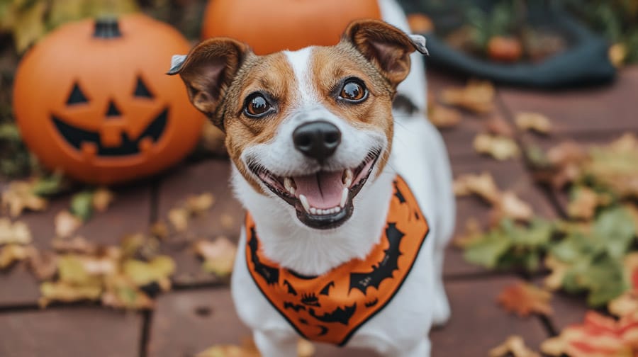 Jack Russel Dog wearing a Halloween bandanna